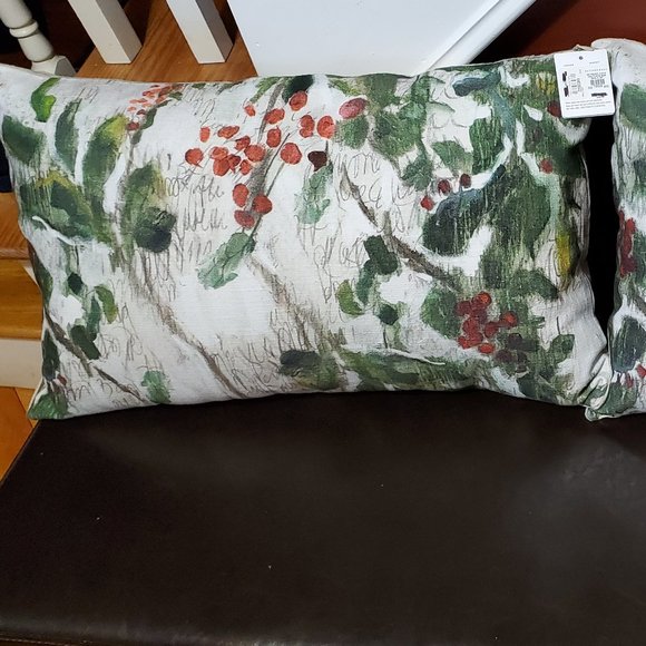Pottery Barn Painted Holly Branch Pillow NWT 16x26" Christmas +New PB Inserts - Picture 1 of 9